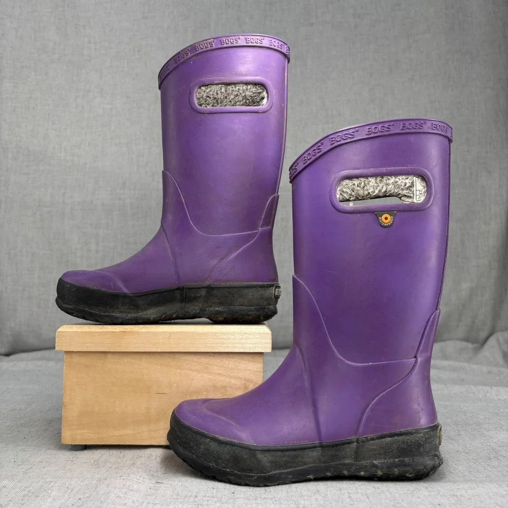 Bogs Kids Rain Boots Plush Purple Rubber Waterproof Insulated Winter Size 12